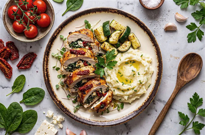 Sun-Dried Tomato, Spinach & Feta Stuffed Chicken with Mashed Potato and Zucchini