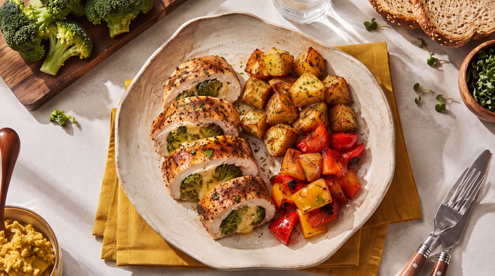 Broccoli & Cheese Stuffed Chicken with Roasted Potatoes & Blended Peppers