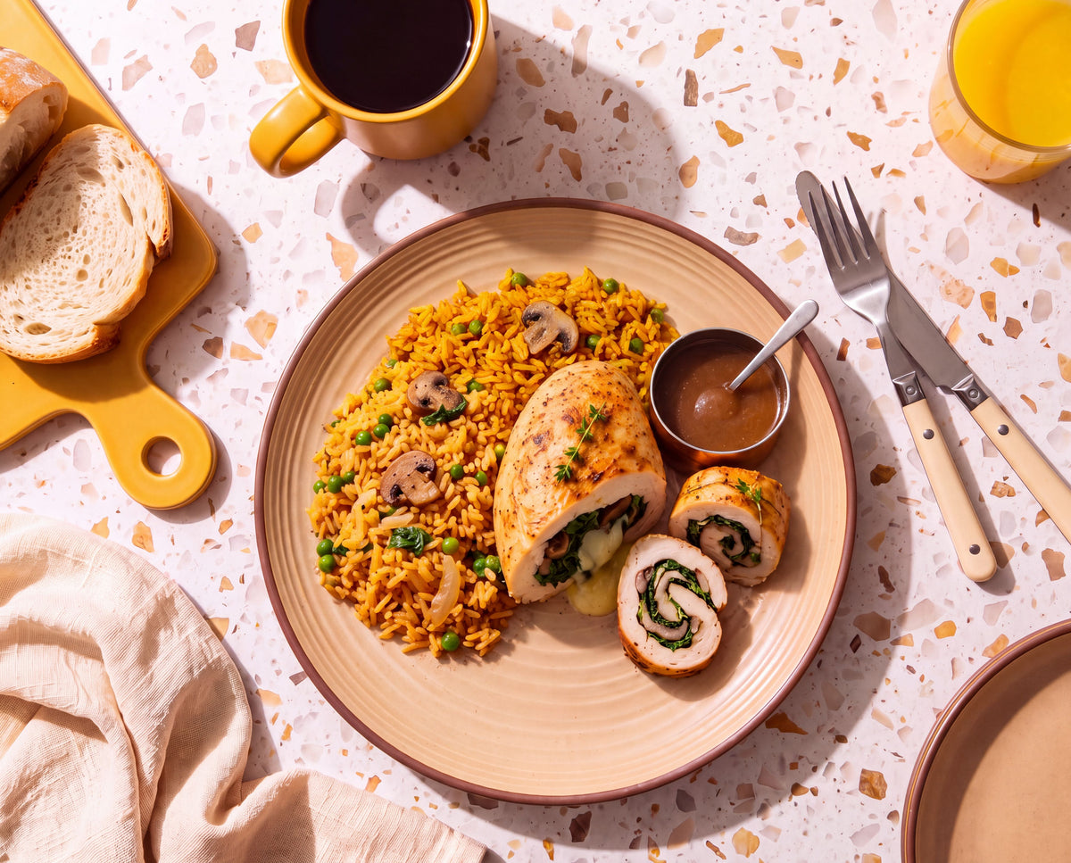 Spinach, Mushroom & Cheese Stuffed Chicken with Rice Pilaf