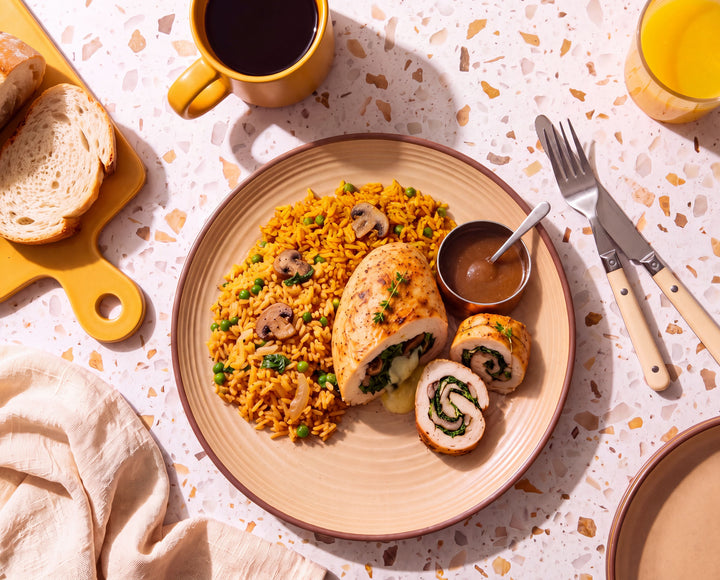 Spinach, Mushroom & Cheese Stuffed Chicken with Rice Pilaf